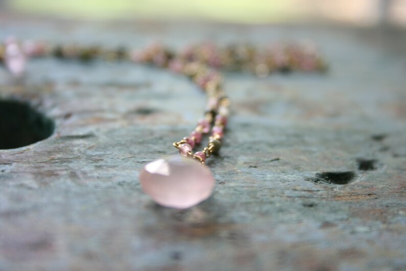TheStudioAtPennyLane Semi-Precious Gemstones Delicate Pendant Necklace Long Necklace Fresh Multi-Color Tourmaline and Pink Quartz