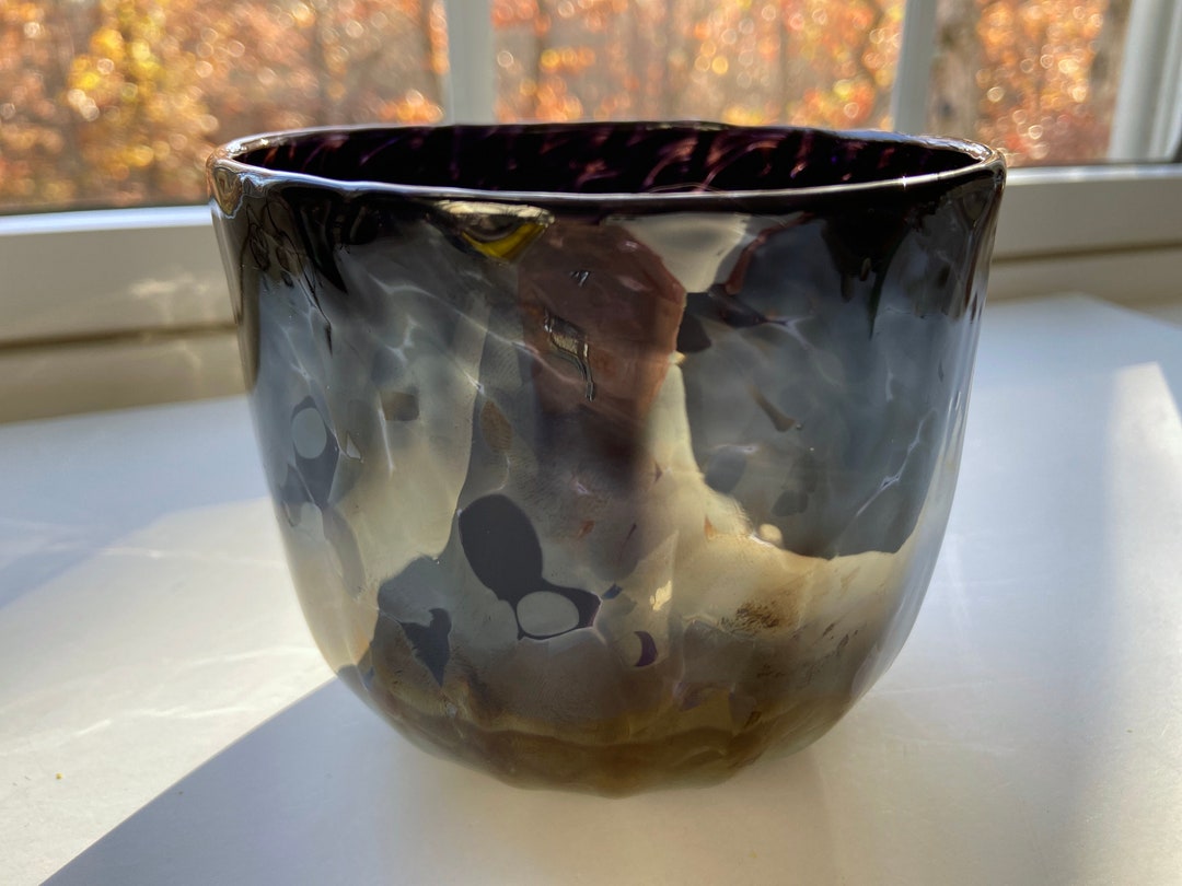 Hand Blown Glass Votive, Iridescent Black, Candy Dish, Fluted Bowl