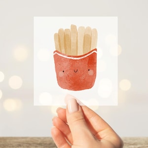 Könnte beinhalten: Aquarell-Illustration von lächelnden Cartoon-Pommes Frites in einem roten Behälter. Die Pommes sind goldbraun und der Behälter hat einen weißen Rand. Das Bild hat einen niedlichen, skurrilen Stil.