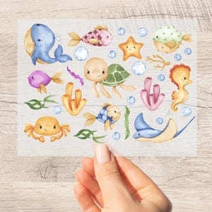 Ensemble d'images thermocollantes aquarelle sous-marine textiles foncés ET clairs A5 ou A4 DIY baleine poisson tortue garçon fille