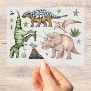 Set de transferencia termoadhesiva Dinosaurios Acuarela para textiles oscuros y claros A5 o A4 Tractor DIY TRex Triceratops Cuello largo Niño Niña