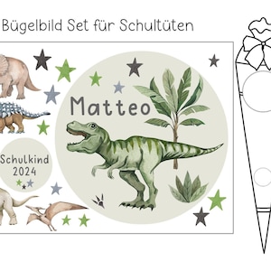Set di immagini termoadesive dinosauri cono scolastico tessuti scuri E chiari A4 fai da te TRex Triceratopo ragazzo collo lungo