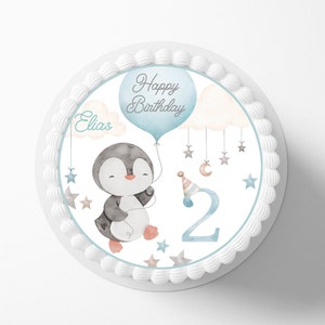 Topper per torta pinguino fondente nome desiderato diametro 20 cm zucchero foto torta foto animali torta compleanno ragazzo palloncino azzurro stelle