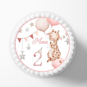 Cake topper giraffe fondant desired name 20 cm diameter sugar picture cake picture zoo jungle animals cake birthday girl pink