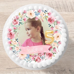 Cake topper floral wreath photo fondant desired name 20 cm diameter personalized name number cake image sugar image