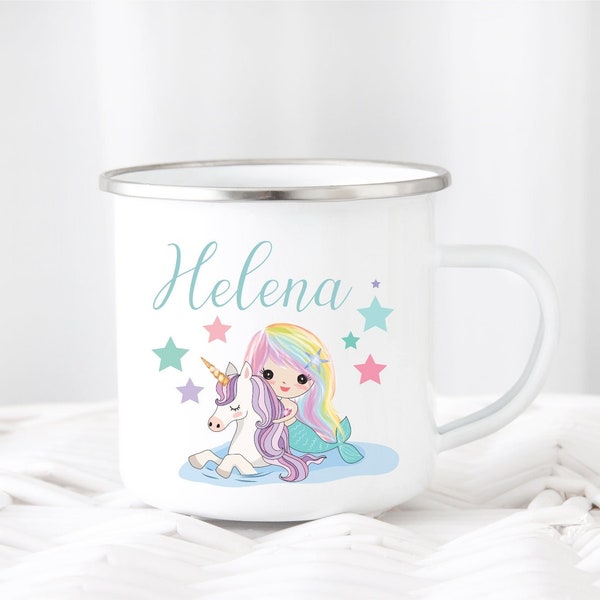 Kinderbecher Meerjungfrau Pastell Einhorn Wunschname Emaille oder Keramik Becher Kindertasse Geburtstag Geschenk personalisierbar Mädchen