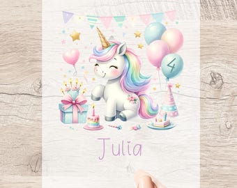 Bügelbild Einhorn Geburtstag personalisiert weiße oder farbige Textilien mit Wunschname und Alter Geburtstagsshirt Pastell Party
