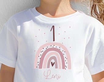 Personalized rainbow birthday T-shirt, short or long sleeve, for a girl, white or dark blue