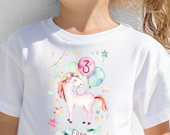 Maglietta personalizzata per compleanno unicorno, manica corta o lunga, per il compleanno di una bambina, palloncini unicorno, festa di compleanno per bambini