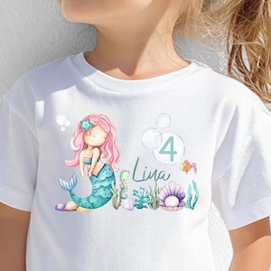 Personalized Mermaid T-Shirt for Birthdays, Short or Long Sleeve, for Girls, Mermaid Underwater Design, Pink, Grey, White, Dark Blue