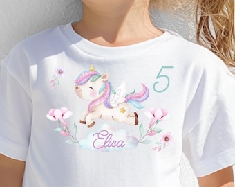 Maglietta personalizzata per compleanno unicorno, manica corta o lunga, per bambine, fiori unicorno, compleanno bambini, bianca