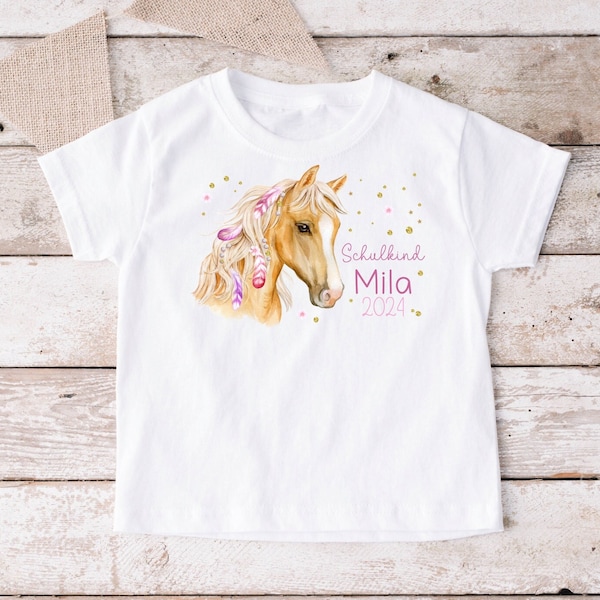 Iron-on picture or T-shirt long-sleeved shirt school child horse name year white start of school 1st day of school beginners