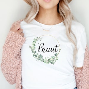 TShirt "Bride" or "Team Bride" for JGA wedding bride eucalyptus wreath gold