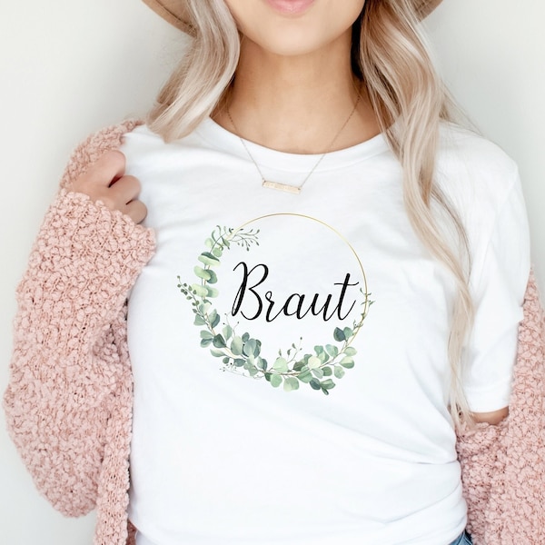 TShirt "Bride" ou "Team Bride" pour mariage JGA mariée couronne d'eucalyptus doré