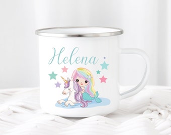 Taza infantil sirena unicornio pastel nombre deseado esmalte o taza de cerámica taza infantil regalo de cumpleaños niña personalizable
