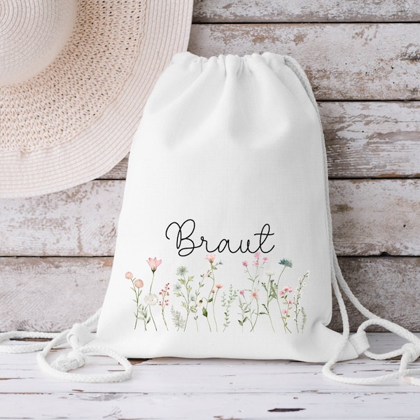 Beutel "Braut" oder "Team Braut" für JGA Hochzeit Braut Wildblumen Baumwolle weiß Drawstring Bag Turnbeutel Bridesmaid Tote Bag