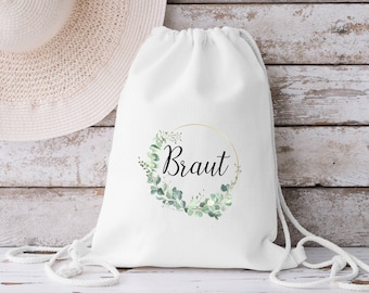 Beutel "Braut" oder "Team Braut" Name  JGA Hochzeit Braut Eukalyptuskranz gold Baumwolle weiß Drawstring Bag Turnbeutel Bridesmaid Tote Bag