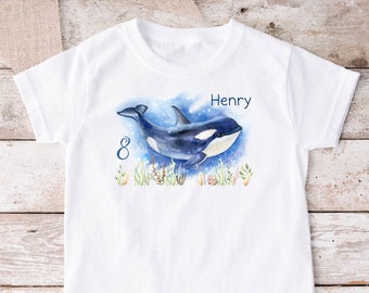 Image ou T-shirt thermocollant nom Orca chemise blanche à manches longues chemise anniversaire mer t-shirt fille garçon personnalisé