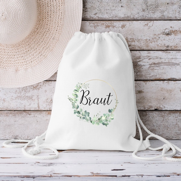 Beutel "Braut" oder "Team Braut" Name  JGA Hochzeit Braut Eukalyptuskranz gold Baumwolle weiß Drawstring Bag Turnbeutel Bridesmaid Tote Bag