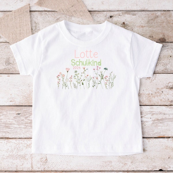 Image thermocollante ou T-shirt à manches longues fleurs sauvages écolier personnalisé avec le nom école débutant rentrée scolaire premier jour d'école