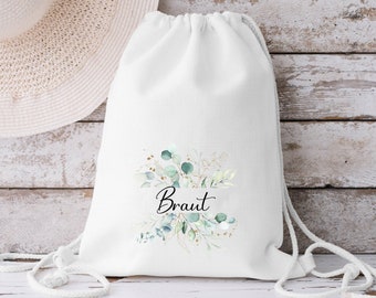 Beutel "Braut" oder "Team Braut" Name JGA Hochzeit Braut Eukalyptuskranz gold Baumwolle weiß Drawstring Bag Turnbeutel Bridesmaid Tote Bag