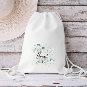 Bag "Bride" or "Team Bride" Name JGA Wedding Bride Eucalyptus Wreath Gold Cotton White Drawstring Bag Gym Bag Bridesmaid Tote Bag