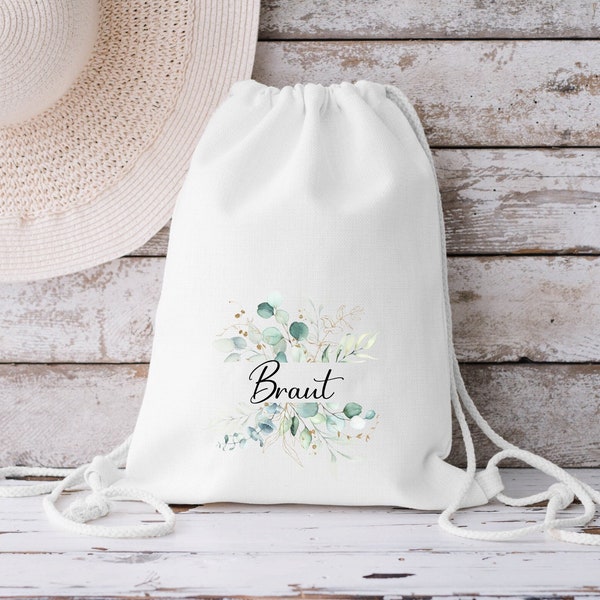 Beutel "Braut" oder "Team Braut" Name JGA Hochzeit Braut Eukalyptuskranz gold Baumwolle weiß Drawstring Bag Turnbeutel Bridesmaid Tote Bag