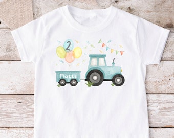 Image à repasser ou TShirt tracteur aquarelle nom numéro d'anniversaire chemise d'anniversaire blanche ferme personnalisée