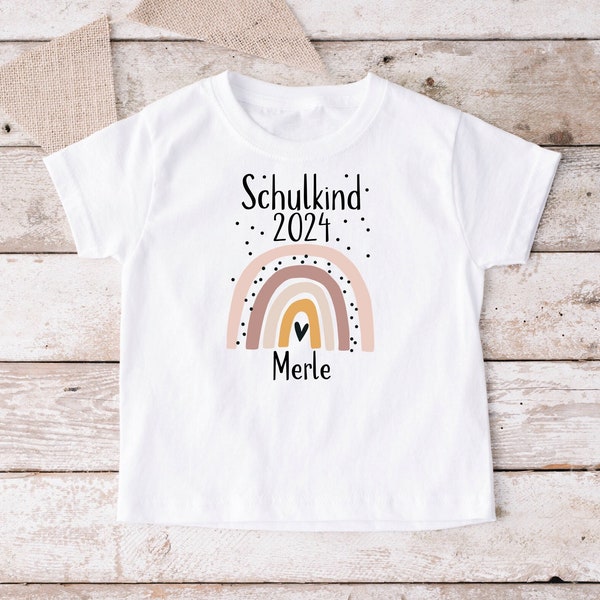 Bügelbild oder TShirt Langarmshirt Schulkind Regenbogen Name Jahreszahl weiß DIY Schultüte DTF Folie