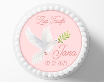 Topo de bolo para batizado, pomba, pasta americana, nome personalizado, 20 cm de diâmetro, imagem de açúcar, decoração de bolo, topo de bolo, rosa, menina