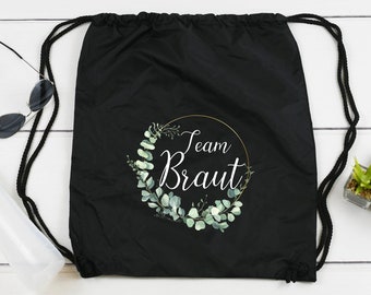 Bag "Team Bride" black for JGA wedding bride eucalyptus wreath gold cotton drawstring bag gym bag bridesmaid tote bag