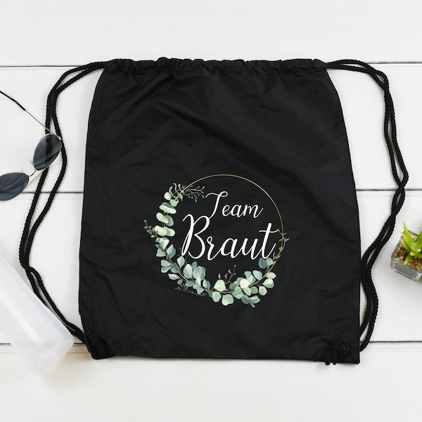 Bag "Team Bride" black for JGA wedding bride eucalyptus wreath gold cotton drawstring bag gym bag bridesmaid tote bag