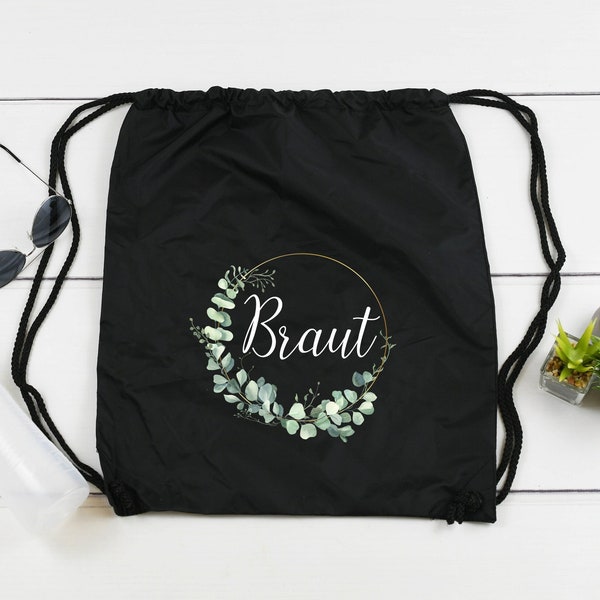 Beutel "Braut" für JGA Hochzeit Braut Eukalyptuskranz gold Baumwolle weiß Drawstring Bag Turnbeutel Bridesmaid Tote Bag