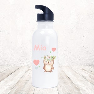 Drinking bottle stainless steel with straw owl desired name watercolor kindergarten - school - sports