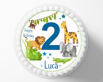 Cake topper jungle fondant nom numéro zoo lion éléphant jungle safari animaux sucre image