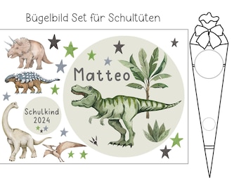 Bügelbild Set Dinos Schultüte dunkle UND helle Textilien A4 DIY TRex Triceratops Langhals Junge