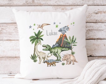 Housse de coussin Dino nom personnalisé blanc TRex fille garçon dinosaure étoiles