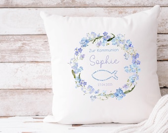 Kissen Kissenbezug zur Kommunion Vergissmeinnicht personalisiert Name weiß Mädchen Geschenk Kommunion Kommunionsgeschenk Geschenk Mädchen