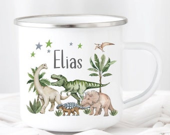 Tasse Dinos personalisiert Emaillebecher Kinderbecher Wunschname Aquarell Emaille oder Keramik Becher Mädchen Junge T-Rex t rex