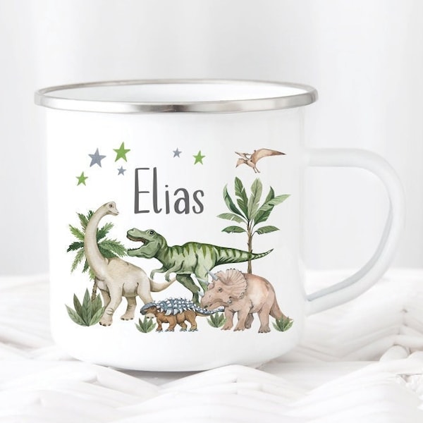 Tasse Dinos personalisiert Emaillebecher Kinderbecher Wunschname Aquarell Emaille oder Keramik Becher Mädchen Junge T-Rex t rex