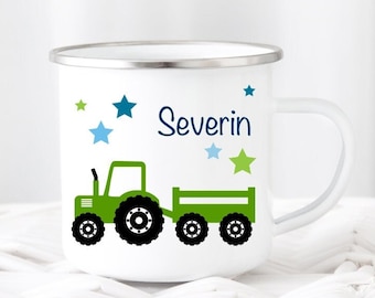 Kinderbecher Traktor Wunschname Aquarell Emaille oder Keramik Becher Geburtstag Geschenk personalisierbar Mädchen Junge Bauernhof