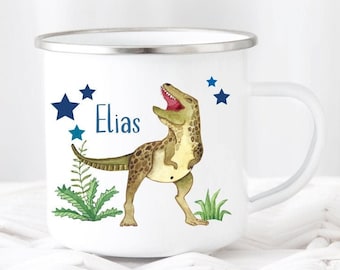 Taza infantil dino estrellas nombre deseado acuarela esmalte o taza de cerámica regalo de cumpleaños personalizable niña niño dinosaurio