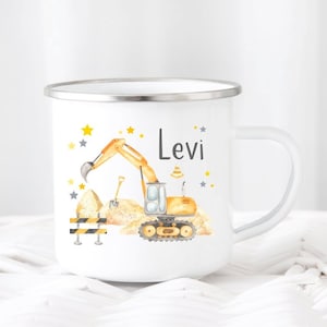 Cup excavator desired name watercolor enamel or ceramic mug construction site girl boy gift birthday