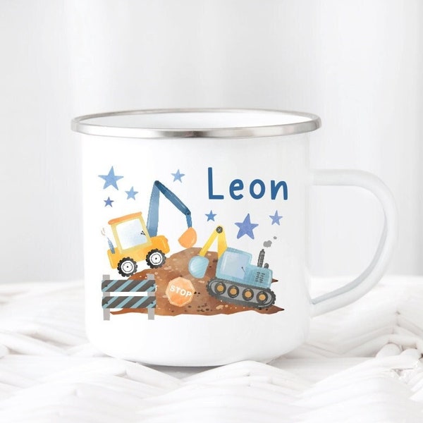 Tasse Baustelle Wunschname Aquarell Emaille oder Keramik Becher Bagger Kinder Junge Mädchen personalisierbar