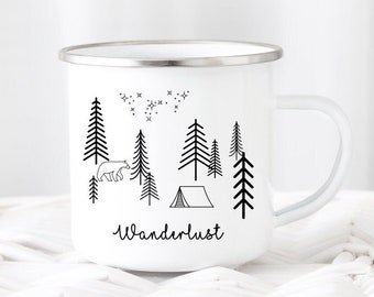 Tasse Emaille oder Keramik Wunschtext individuell personalisiert schlicht outdoor Geschenk Wandern camping Geburtstag Wohnmobil Trekking