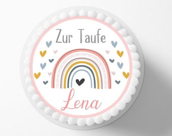 Tortenaufleger Taufe Regenbogen Fondant Wunschname 20 cm Durchmesser Zuckerbild Tortendekoration Kuchendekoration Mädchen Junge rosa