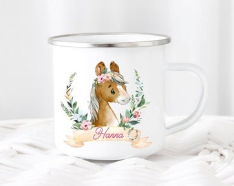 Taza infantil caballo acuarela nombre deseado esmalte o taza de cerámica taza infantil pony niña niño regalo de cumpleaños personalizable