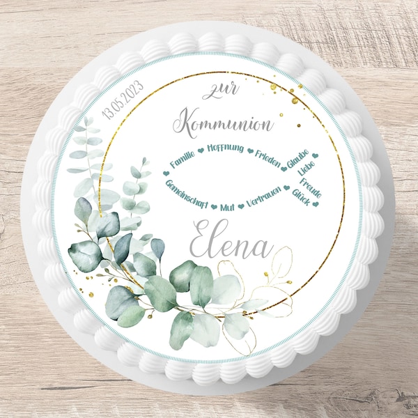 Cake topper communion fish eucalyptus fondant personalized name 20 cm diameter