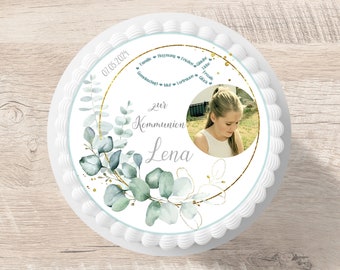 Taarttopper communie vis eucalyptus fotofondant gewenste naam 20 cm diameter gepersonaliseerd