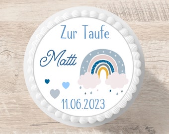 Tortenaufleger Taufe Regenbogen Fondant Wunschname 20 cm Durchmesser Zuckerbild Tortenaufleger